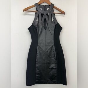 Vintage Wilsons size Small Women’s Black Leather Cage Neck Stretch Bodycon Dress